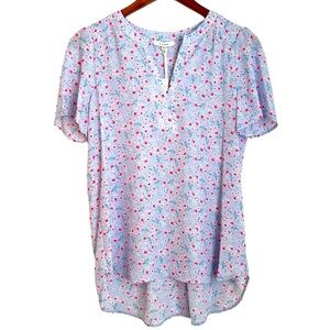 Pleione Ditsy Floral Lavender Pleated Back High Low Tunic Top Blouse Size XS